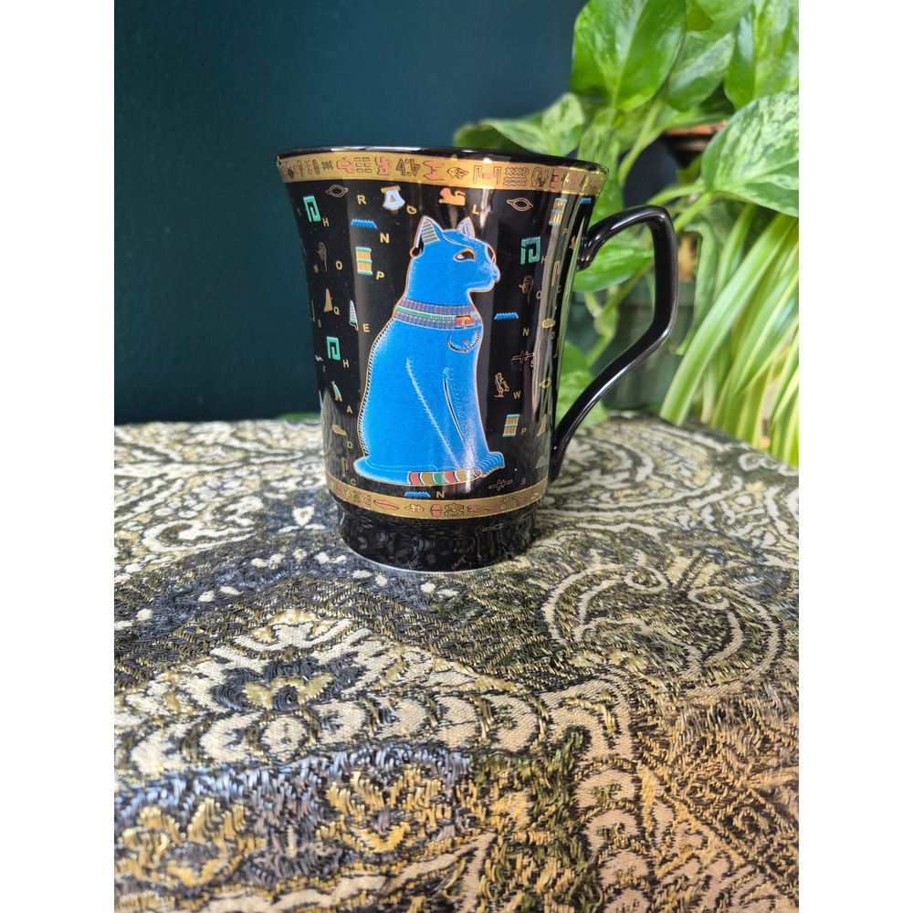 Monno Egyptian Cat Mug Bastet Black Gold Blue Egypt Souvenir Cup 4.5"